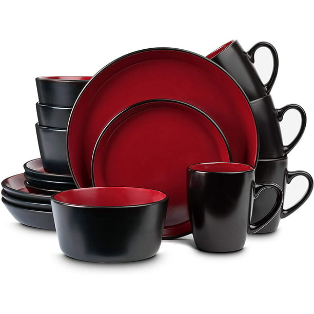 Red and Black Service For 4 Stone Lain Stoneware Dinnerware Set 